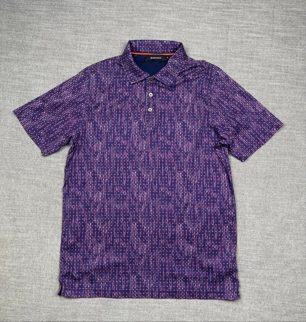 Bugatchi Polo Shirt Mens Medium Purple Geometric Print Stretch Short Sleeve